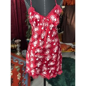 Y2K Red Heart Print Cami Slip Dress Nightgown Chemise Lingerie